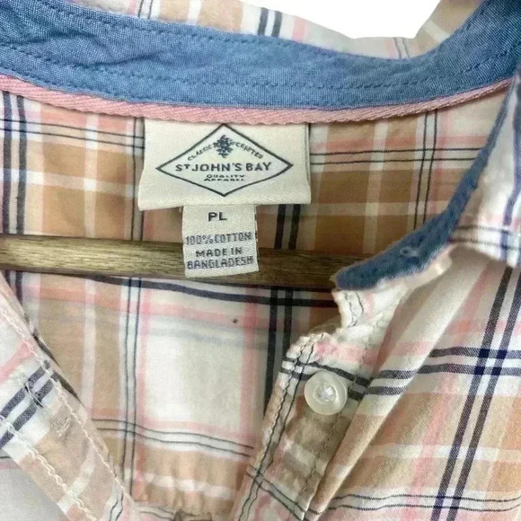 St. John’s Bay Beige Pink Blue Plaid Button Down | Size Petite Large - Picture 3 of 4